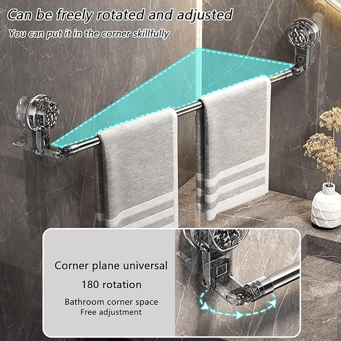 Adjustable Suction Cup Towel Rack, 11.8-23.6 Inch Extendable Towel Bar for Bathroom, Rustproof Telescopic Towel Hanger Wall Mounted Without Drilling, Strong Hold Shower Towel Storage