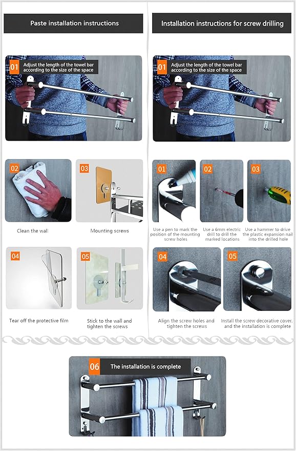 Towel Bars Hanger Freely Retractable 20-30 Inche Stainless Steel 304 Bath Rack Strong 3M Adhesive Bathroom Wall Free mounting Hole-Installing washroom Kitchen Space Saving 3 Bars