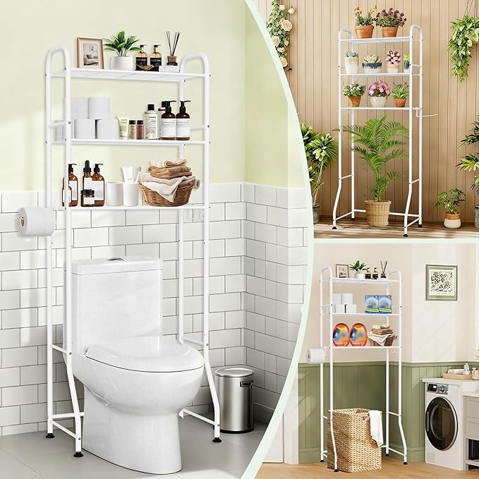 3-Tier No-Drill Over Toilet Storage Rack - White Metal Bathroom Organizer with Hooks & Paper Holder for Small Space