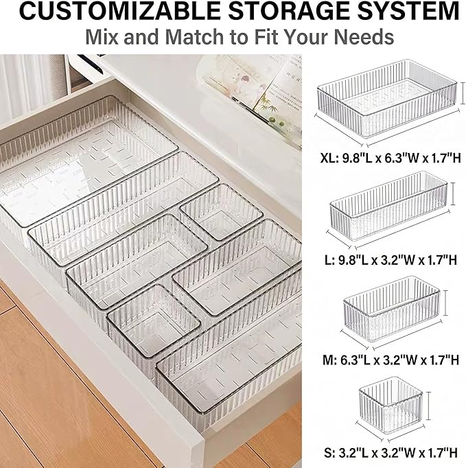 Li&Zhao 7PCS Stackable Bathroom Drawer Organizer-Clear Acrylic Drawer Organizer and Makeup Drawer Organizer with 4 Sizes 7 Grids for Vanity, Kitchen, Office Supplies