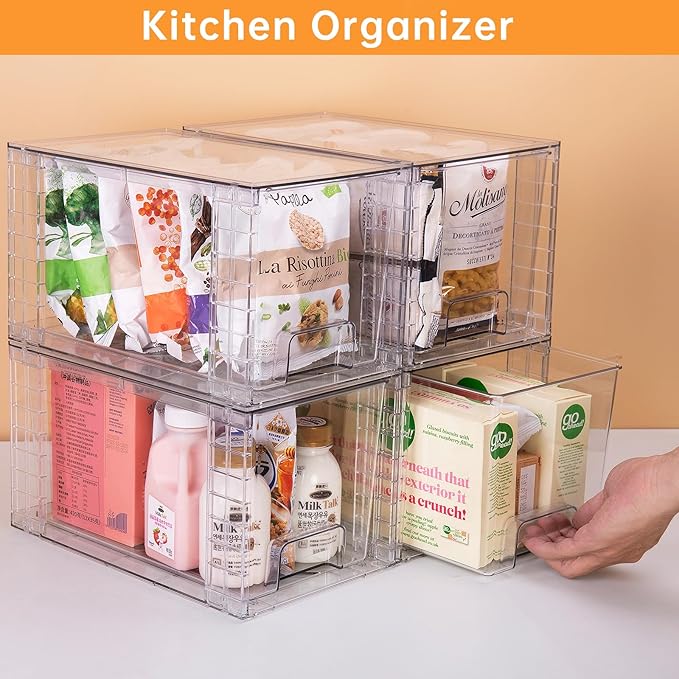 2 Pack Large Stackable Storage Drawers,Clear Acrylic Drawer Organizers with Handles, Easily Assemble for Kitchen Undersink,Bathroom,Cabinet,Makeup,Closet,Pantry,Organization and Storage