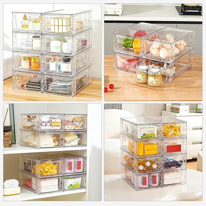 Clemate 4Pack Clear Stackable Kitchen Storage Organizer,Pantry Organizers and Storage,Foods Organizer Bins with Handles, Easily Assemble for Bathroom, Kitchen, Refrigerator, Pantry, Cabinet, Closet