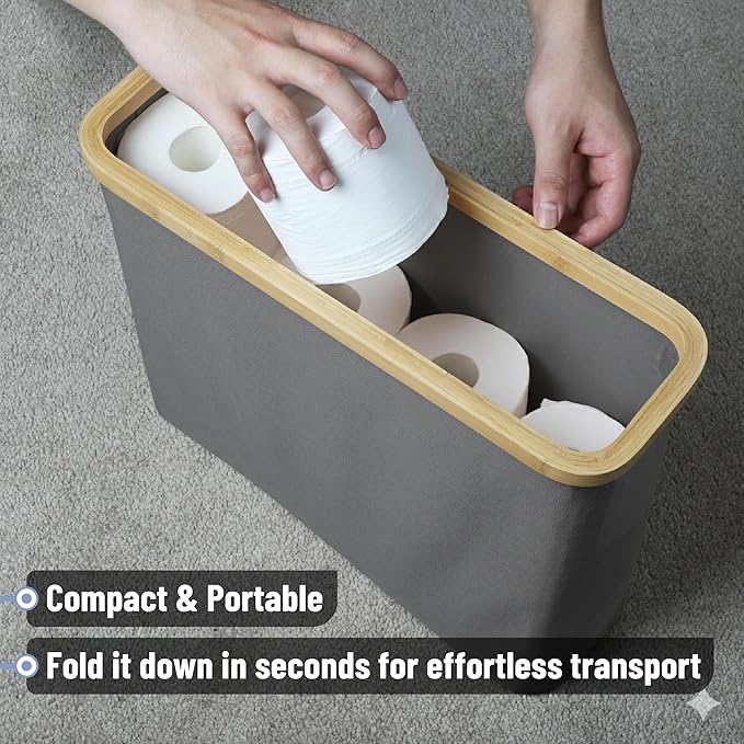 BAMBOO LAND- Toilet Paper Storage with Bamboo Lid for 12 Rolls, Gray, Waterproof Bamboo Toilet Paper Holder Basket