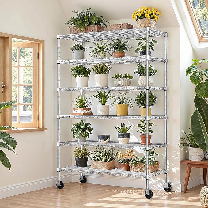 Romorgniz 82" H X45 W X18 D Storage Shelves with Wheels, 6 Tier Wire Shelving Adjustable Metal Shelving Pantry Shelves Capacity 1200LBS for Garage Shelving, Pantry, Kitchen, Commercial, Chrome,2P