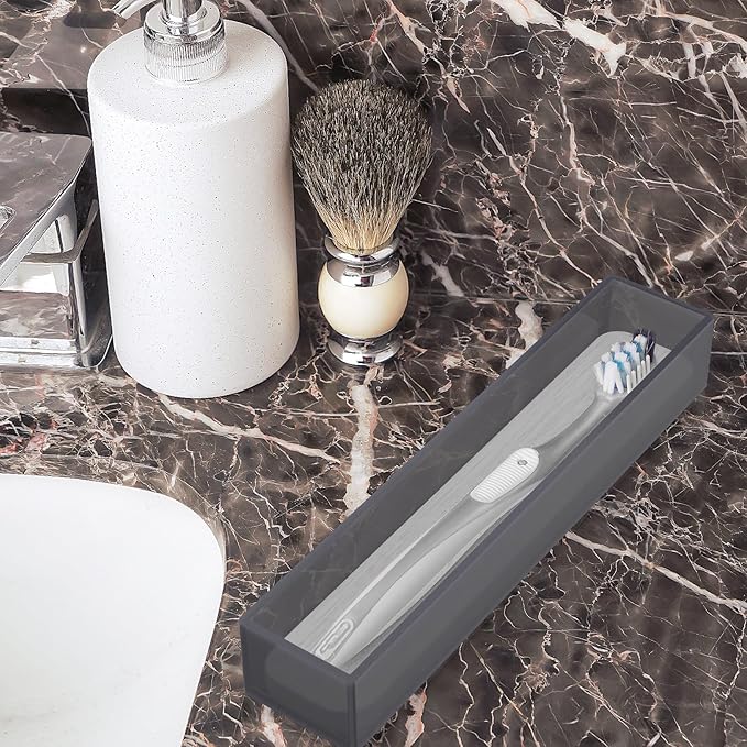 Linkidea 2 Pack Acrylic Toothbrush Holder with Diatomite Drying Stone, Drawer Organizer with Drainage Hole for Toothbrush, Compatible with Colgate Extra Clean, Oral-B CrossAction (Grey)