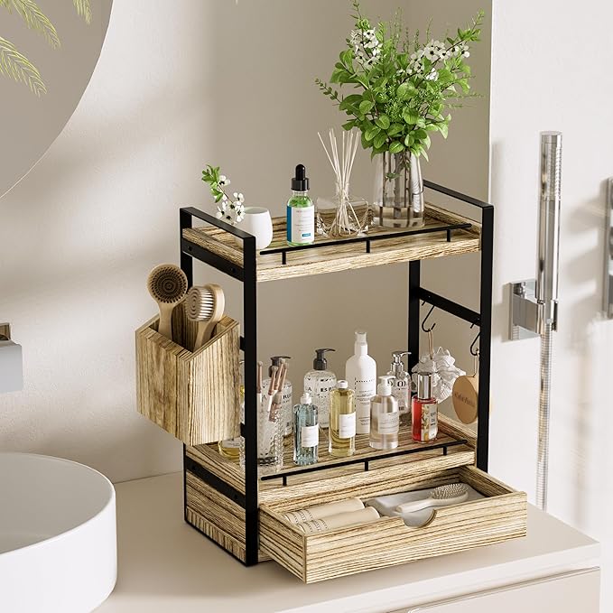 2-Tier Wood Bathroom Counter Organizer, Countertop Organizer with Drawer and Storage Basket, Bathroom Sink Organizer for Vanity, Skincare, Makeup, and Daily Essentials (Light Brown)