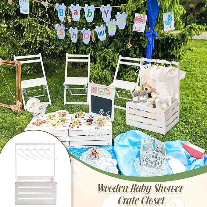 Suzile White Wooden Baby Shower Crate Closet Wood Basket for Gifts with Handle Boy Girl Clothes Gender Reveal Storage Box for Newborn New Parent (Classic)