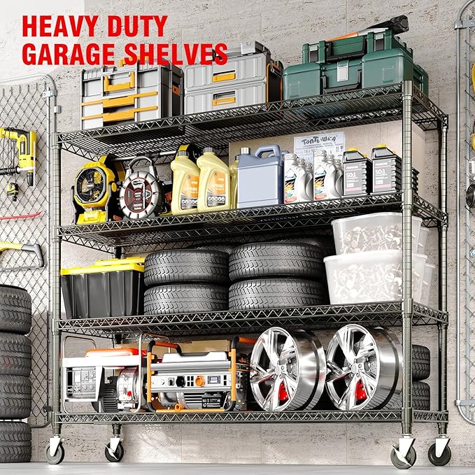 4-Tier Tall Steel Wire Shelving Unit with Wheels, Heavy Duty Storage Rack, 2640 Lbs Capacity, Adjustable Industrial Shelves for Garage, Workshop, or Warehouse
