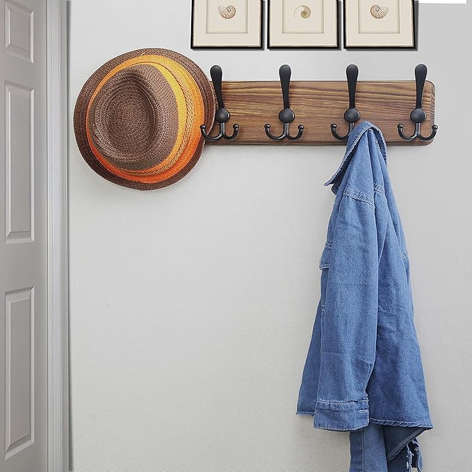 Dseap Coat Rack Wall Mounted - 5 Tri Hooks, Heavy Duty, Wooden Wall Coat Hanger Coat Hook for Clothes Hat Jacket Clothing, Natural & Black, 2 Packs