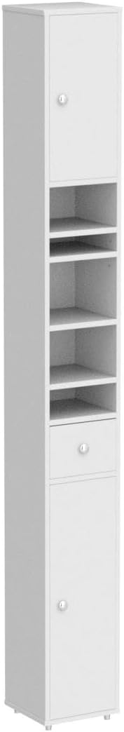 SoBuy Bathroom Narrow Storage Cabinet, Skinny Tall Unit with Adjustable Shelves Slender, Slim Bathroom Organizers and Storage, Anti-Tipping Thin Floor Standing Cupboard Laundry Room, White BZR34-W