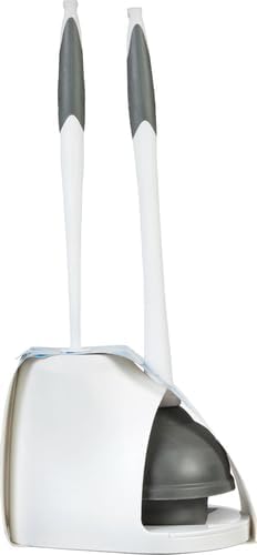 Clorox Toilet Plunger and Brush Bowl Set with Holder Caddy Storage for Cleaning Bathroom and Unclogging Toilets, White and Gray