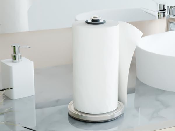VEHHE Paper Towel Holder Countertop with Unique Damping Spring Structure for One-Handed Tearing, Stainless Steel Paper Towel Holder with Weighted Base and Suction Cups for Kitchen Bathroom, Silver
