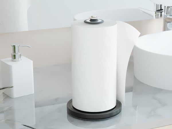 VEHHE Paper Towel Holder Countertop, Black Paper Towel Holder Stand with Spring Damping for Kitchen Bathroom, One Hand Tear Paper Stainless Steel Paper Towel Holder with Weighted Base and Suction Cups