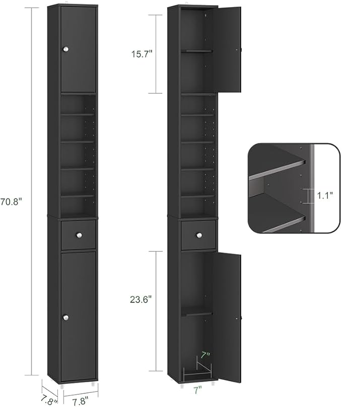 Haotian Narrow Bathroom Storage Cabinet, Tall Slim Bathroom Organizers and Storage for Small Spaces, Freestanding Skinny Cabinet with Doors and Shelves for Tight Corners Black BZR34-SCH