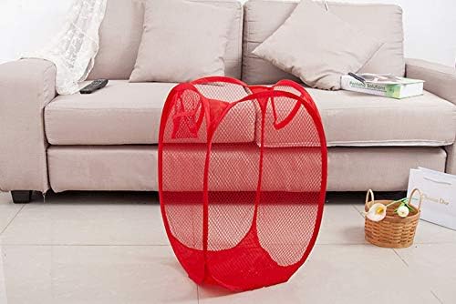 Portable Pop-Up Mesh Laundry Hamper With Pocket Baby Clothes Basket Sorter Small Camper Hampers For Organized Items Red