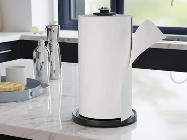 VEHHE Paper Towel Holder Countertop, Black Paper Towel Holder Stand with Spring Damping for Kitchen Bathroom, One Hand Tear Paper Stainless Steel Paper Towel Holder with Weighted Base and Suction Cups