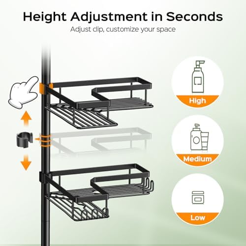 HAMITOR Shower Caddy Tension Pole: 4-Tier Corner Bathroom Organizer Shelf with Soap Holder & Hooks - No-Drill Adjustable Standing Storage Rack for Apartment Renters - 47-123 Inch Black