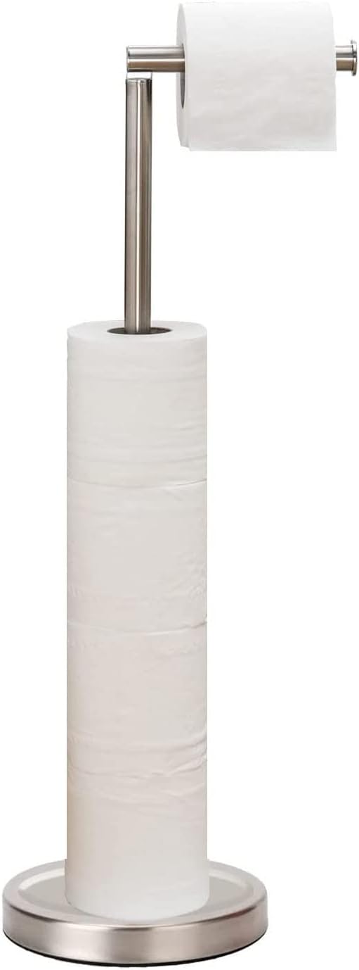 Songtec Toilet Paper Holder Stand, Sturdy Floor Standing Tissue Roll Holder for 5 Toilet Paper Rolls, Rust-Proof & Heavy Stainless Steel Base (Brushed Nickel)