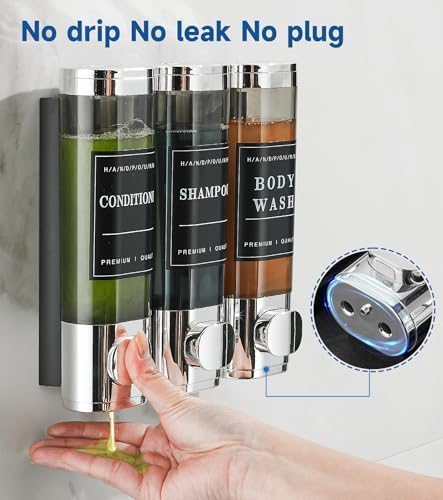 Shower Soap Dispenser Wall Mounted No Drill Shampoo Dispenser for Shower Wall Shampoo and Conditioner Dispenser Bathroom Hotel 3 * 300ml Chrome with Labels