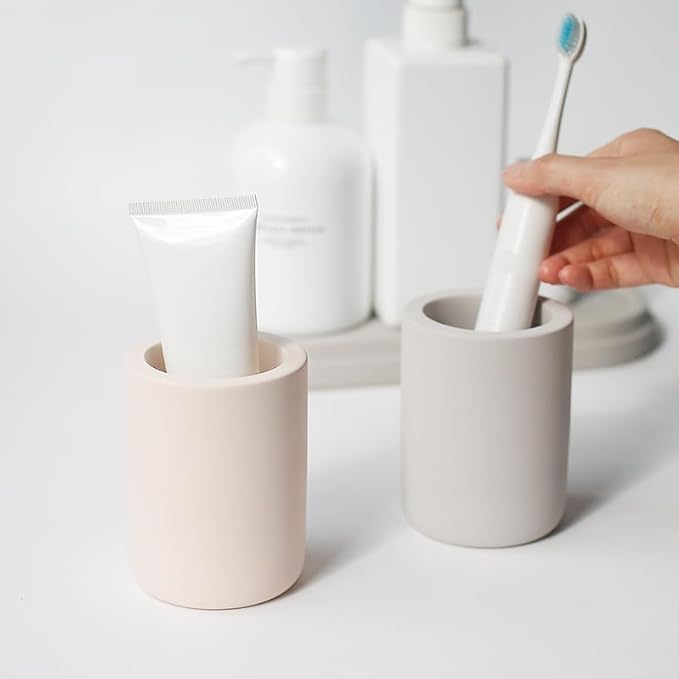 Selegna Diatomite Drying Stone Toothbrush Holder, Modern Ceramic-Look Countertop Cup with Drainage for Bathroom, Quick Drying Electric Toothbrush & Toothpaste Organizer, Stoneware Finish