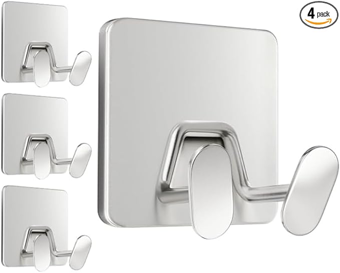 Adhesive Shower Hooks for Inside - Extra Sticky Stainless, Razor Holder Shower Accessories, Wall Mounted Self-Adhesive Double Hooks for Razor, Loofah, Towel, Shaver, Coat, Key, Silver, 4-Pack