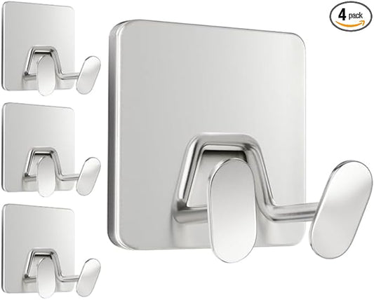 Adhesive Shower Hooks for Inside - Extra Sticky Stainless, Razor Holder Shower Accessories, Wall Mounted Self-Adhesive Double Hooks for Razor, Loofah, Towel, Shaver, Coat, Key, Silver, 4-Pack