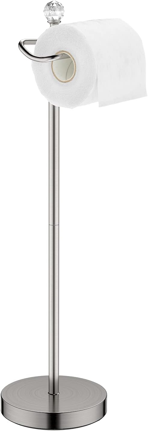 ROLABAM Toilet Paper Holder Stand with Crystal Head, Brushed Nickel Toilet Paper Holder Free Standing 24.4" H, Stand Up Toilet Paper Roll Holder for Bathroom, Floor Toilet Paper Storage