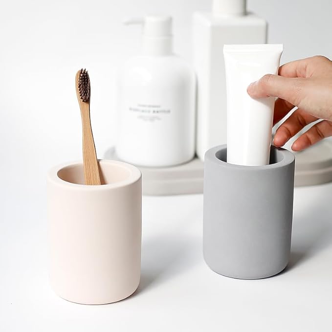 Selegna Diatomite Drying Stone Toothbrush Holder, Modern Ceramic-Look Countertop Cup with Drainage for Bathroom, Quick Drying Electric Toothbrush & Toothpaste Organizer, Stoneware Finish