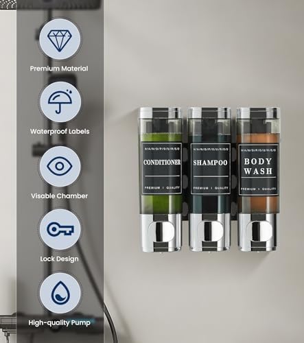 Shower Soap Dispenser Wall Mounted No Drill Shampoo Dispenser for Shower Wall Shampoo and Conditioner Dispenser Bathroom Hotel 3 * 300ml Chrome with Labels