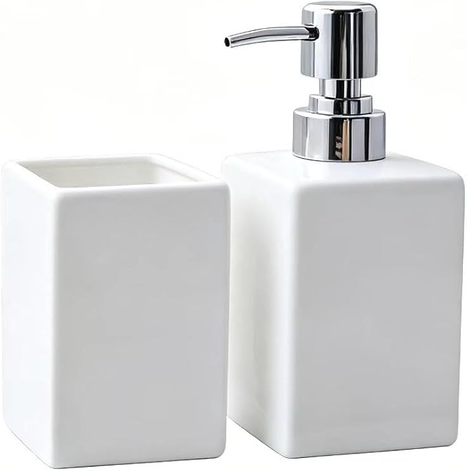White Bathroom Accessories Set 2Pcs,Ceramic Soap Dispenser and Toothbrush Holder,Modern Decor Square Countertop Bath Set with Toothbrush Cup