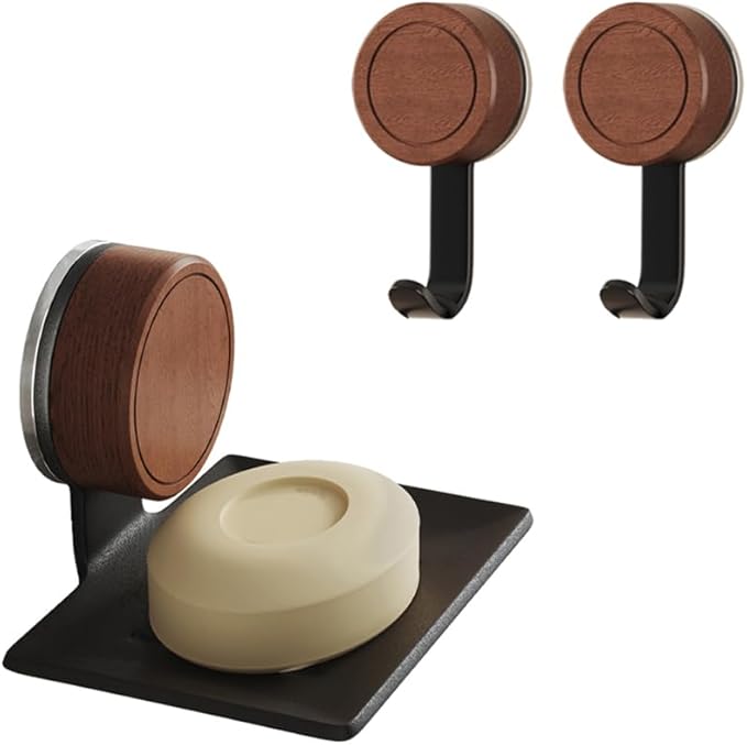 Soap Dish, Walnut and Stainless Steel, Soap Bar Holder for Shower Suction Cup Wall Mounted, No-Drilling Waterproof Sponge Holder (Black with Wall Hooks)