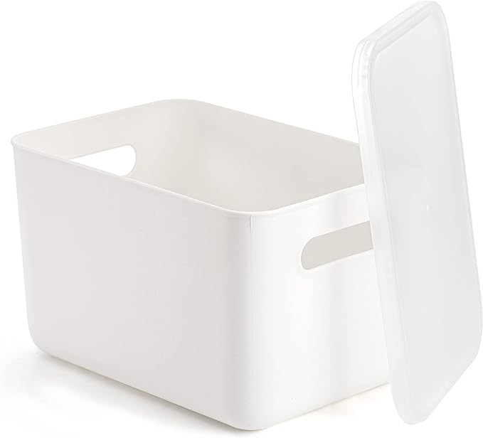 Lawei 4 Pack Plastic Storage Bins with Lid, White Stackable Storage Basket Organizer Box, Sturdy Containers Organizing Lidded Bins for Shelves, Cabinet, Desk, Pantry, Bedroom, Book, Toys