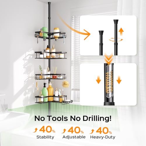 HAMITOR Shower Caddy Tension Pole: 4-Tier Corner Bathroom Organizer Shelf with Soap Holder & Hooks - No-Drill Adjustable Standing Storage Rack for Apartment Renters - 47-123 Inch Black