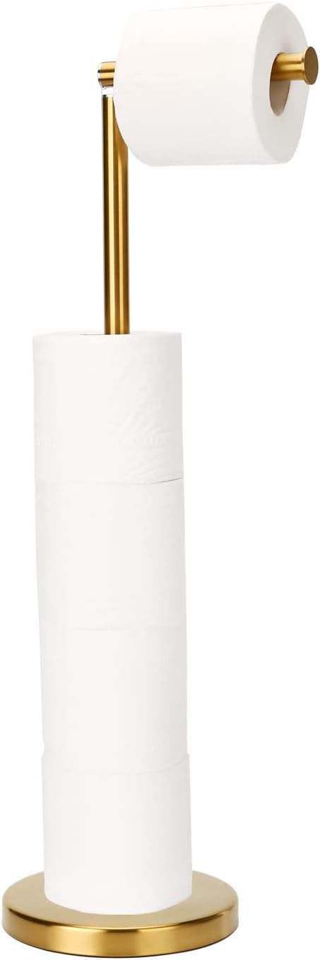 Toilet Paper Holder Gold, Freestanding Toilet Paper Holder Stand with Reserve for 4 Spare Rolls, Sturdy Base, Toilet Tissue Paper Roll Storage Shelf (Stainless Steel Base, Gold)