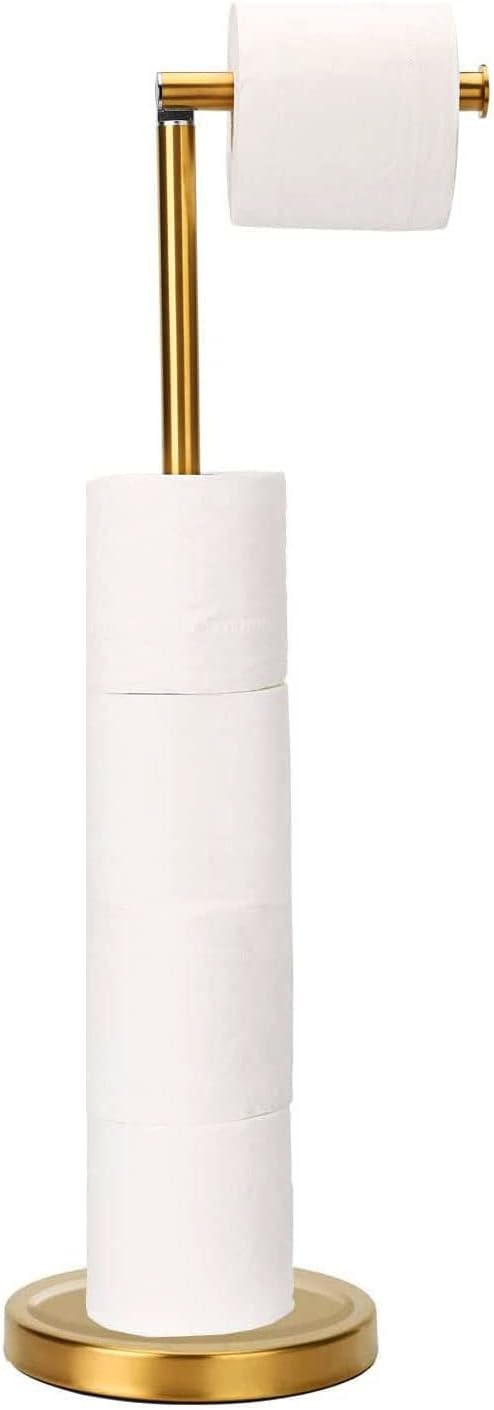 Songtec Gold Toilet Paper Holder Stand, Rust-Proof & Heavy Stainless Steel Base, Sturdy Free Standing for 5 Toilet Paper Rolls Max (Gold)