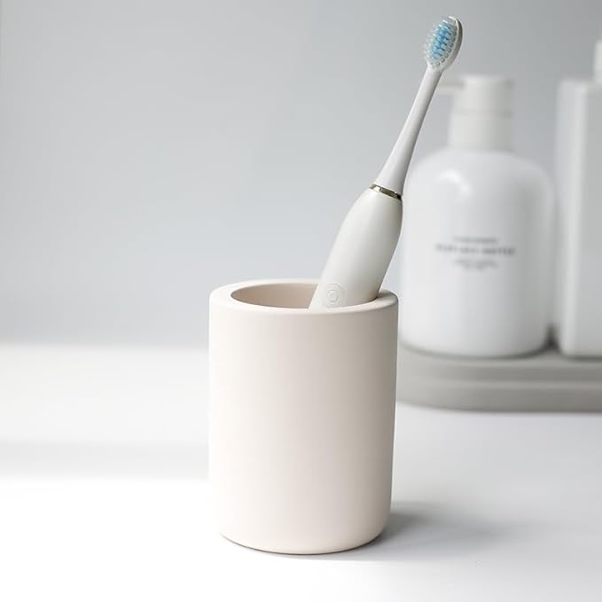Selegna Diatomite Drying Stone Toothbrush Holder, Modern Ceramic-Look Countertop Cup with Drainage for Bathroom, Quick Drying Electric Toothbrush & Toothpaste Organizer, Stoneware Finish