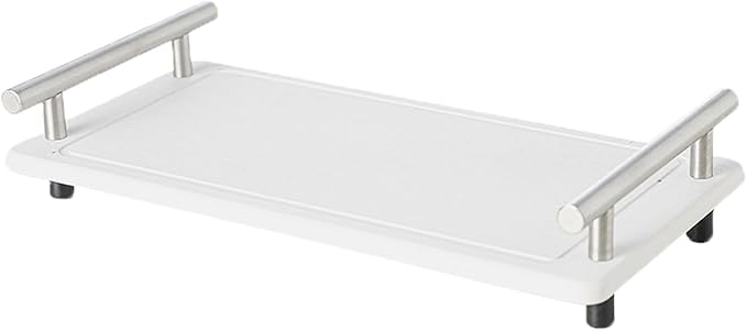 Instant Dry Sink Caddy Organizer,Diatomaceous Earth Bathroom Organizer with Handle Water Absorbing Stone Tray for Sink Water Absorbent Diatomite Coasters (L White Silver Handle)