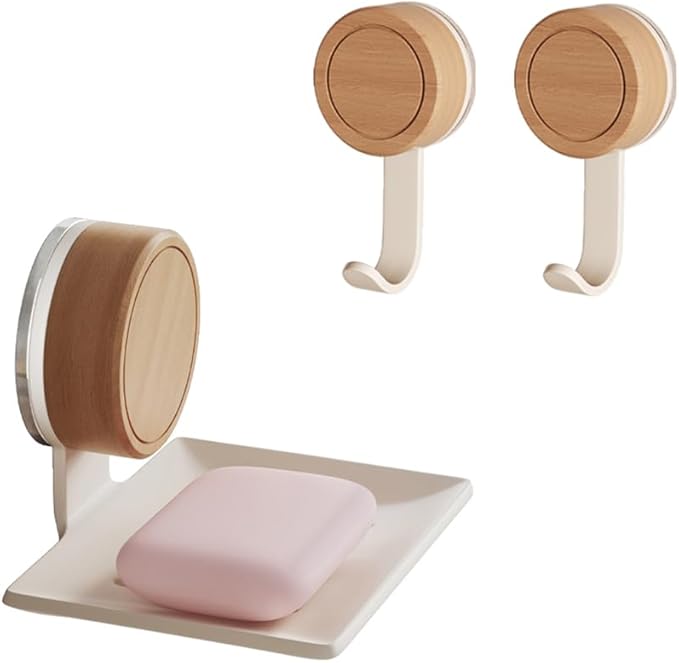 Soap Dish, Walnut and Stainless Steel, Soap Bar Holder for Shower Suction Cup Wall Mounted, No-Drilling Waterproof Sponge Holder (White with Wall Hooks)