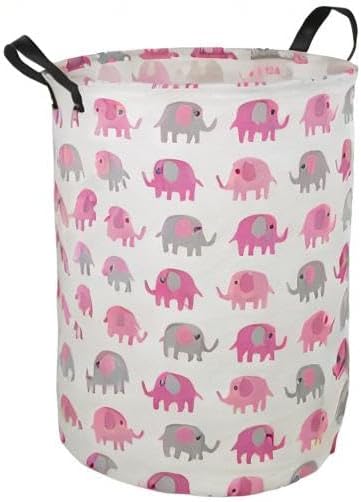 Round Pink Elephant PatternLaundry Hamper Storage Basket Fabric Material Storage Hamper Organization Basket, Storage Bin, Gift Box with Handles for Room