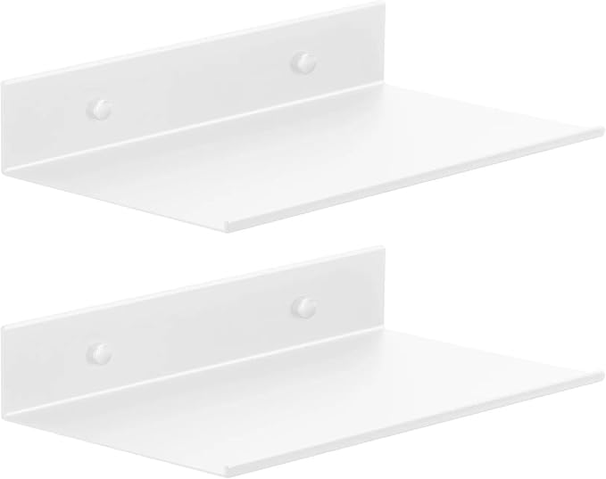 Z metnal Small Metal Shelves, Mini Floating Shelf for Collection Action Figures Speaker, Decor Display Wall Shelf, Aluminum, Wall Mounted, White, 10 inch, 2 Pack