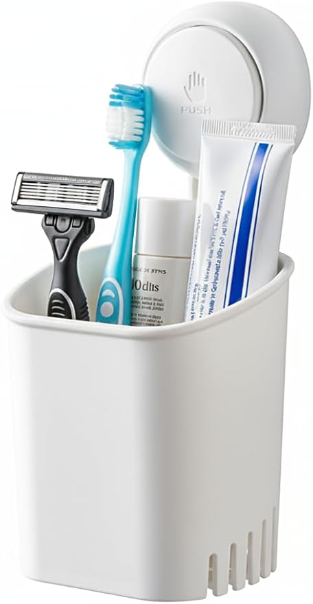 HOME&I Suction Cup Toothbrush Holder and Shower Caddy – Drill-Free, Removable, Powerful Suction Cup, Self-Draining Design for Bathroom & Kitchen – Holds Toothpaste, Razors, and Tableware