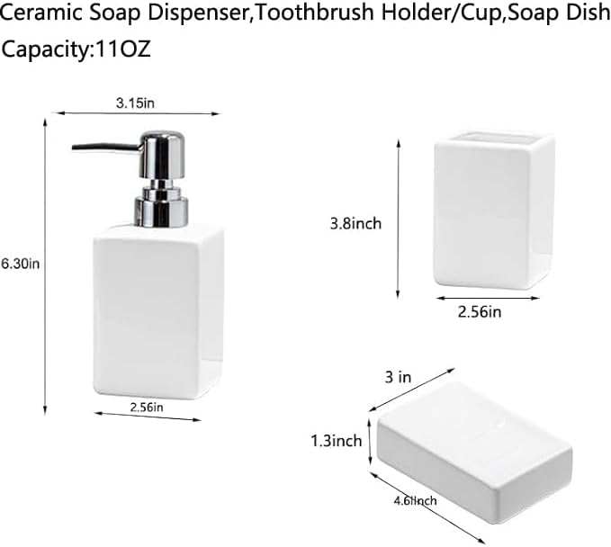 White Bathroom Accessory Set 3 Pcs,Ceramic Soap Dispenser and Toothbrush Toothpaste Holder Cup Soap Dish,Modern Countertop Bath Decor Set for Stylish Bathroom Organization