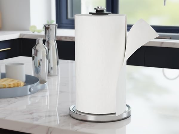 VEHHE Paper Towel Holder Countertop with Unique Damping Spring Structure for One-Handed Tearing, Stainless Steel Paper Towel Holder with Weighted Base and Suction Cups for Kitchen Bathroom, Silver
