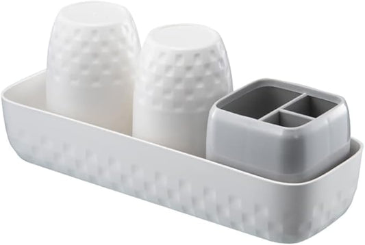 Toothbrush Holder for Bathroom, Electric Toothbrush and Toothpaste Organizer with 2 Cups, Bathroom Accessories Set for Kids and Families, White & Grey