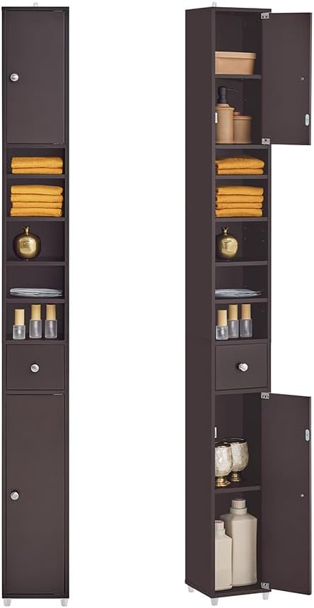 Haotian Bathroom Narrow Storage Cabinet, Skinny Tall Unit with Adjustable Shelves Slender Anti-Tipping Floor Standing Cupboard, Brown BZR34-BR
