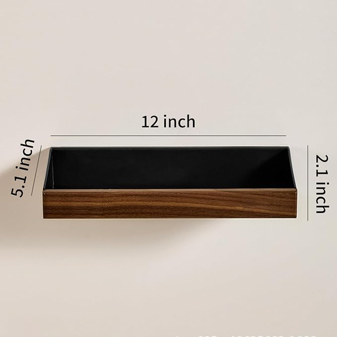 12 Inch Black Wall Shelves for Wall, Adhesive Floating Shelves with 1 Inch Height Wooden Decor Panel, Plastic Adhesive Shelves Shower Organizer for Living Room, Bedroom, Office and Kitchen