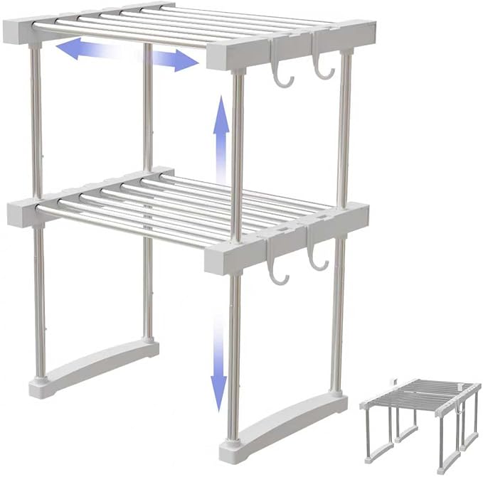 BLULEE Dual-Adjustable Cabinet Organizer Shelf,Expandable Width & Height Stackable Spice Rack with Snap-Lock,2-Tier Kitchen Organization and Storage for Under Sink,Countertop,Pantry,White,2Pack