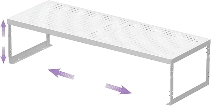 Stackable Expandable Metal Shelf Organizer, Adjustable Storage Rack, Heavy Duty Space Saver for Kitchen, Pantry, Bathroom, Countertop & Office(1Pack/Meidum/White)