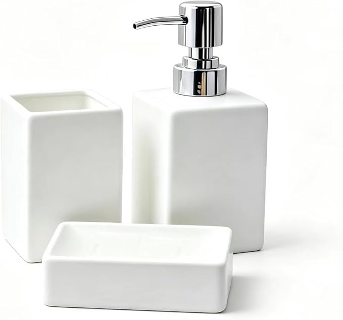 White Bathroom Accessory Set 3 Pcs,Ceramic Soap Dispenser and Toothbrush Toothpaste Holder Cup Soap Dish,Modern Countertop Bath Decor Set for Stylish Bathroom Organization