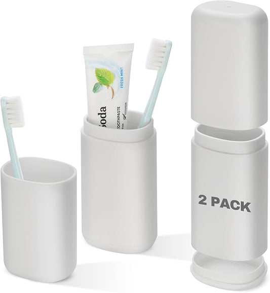 Travel Toothbrush and Toothpaste Case, 2 in 1 Gray Toothbrush Holder and Rinse Cup, Large Capacity Toothbrush Cup with Cover, Portable Toothbrush Holder for Traveling, Camping, Trip - 2PCS